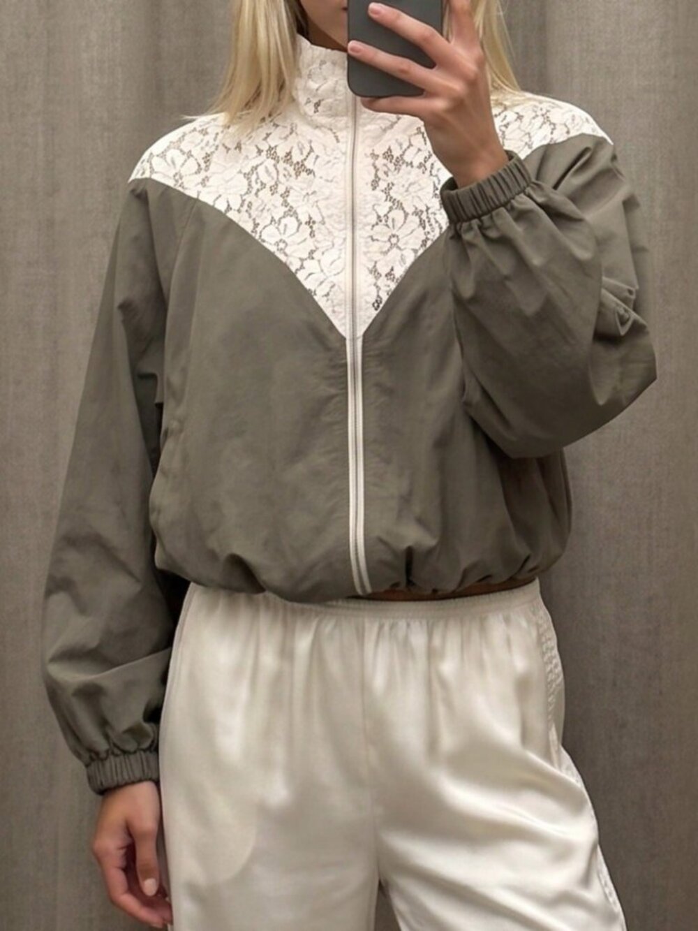 Olive Green Lace-Yoke Zip-Front Windbreaker Jacket